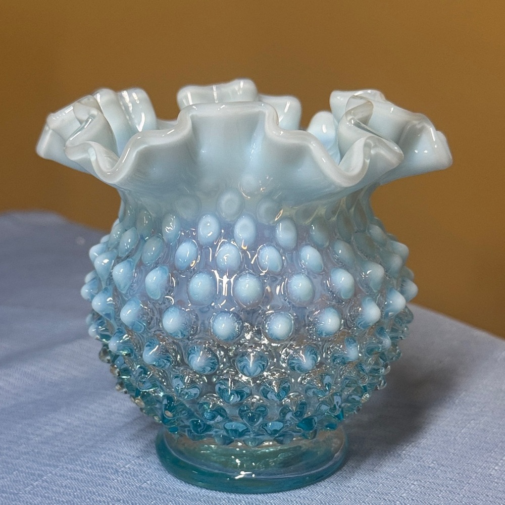 Fenton Blue Opalescent Hobnail Vase Ruffled Edge 4.5 by 4.75 Inch